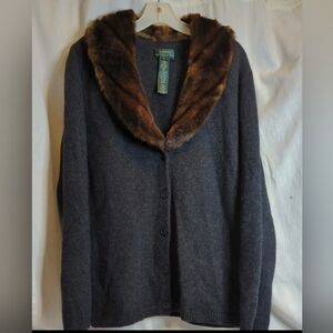 Ralph Lauren Charcoal Cardigan with Faux Fur Collar XL